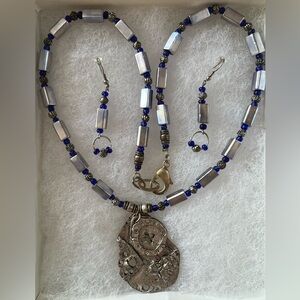Artisan Crafted Silver and Blue Necklace and Earrings Set